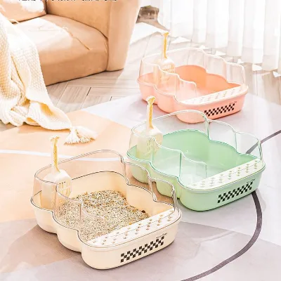 New cream-style transparent semi-enclosed cat litter box, cat toilet for kittens and adult cats, anti-splash open cat litter box