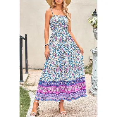Womens Sleeveless Spaghetti Strip Vintage Casual Dress Floral Bohemian Holiday Beach Backless Long Dress