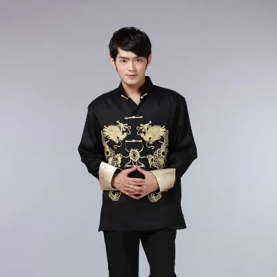 Men Vintage Festival New Year Embroidered Dragon Shirt Long Sleeve Chinese Traditional Ethnic Jackets Tang Suit