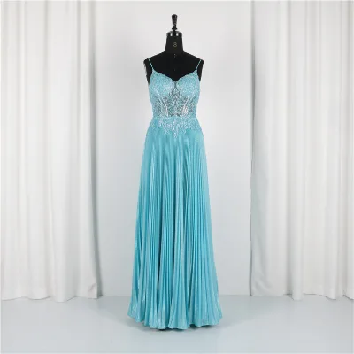 Popular Spaghetti Strap Beaded Glitter Evening Dresses Ladies Party a Line Green Prom Dress