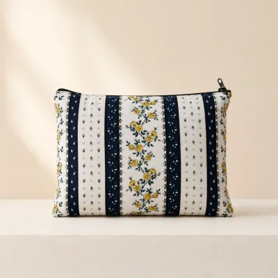 100% Cotton Custom Small Batch Available Striped Yellow Rose Makeup Cosmetic Bag Wholesale Canvas Storage Purse/
