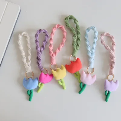 Cute Tulip Pendant 3D Flower Hand-woven Key Chain Mobile Phone Accessories Short Lanyard Cotton Rope Waistband for Girls