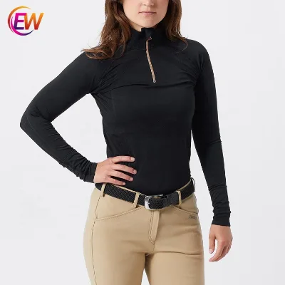 New Arrival Womens Solid Black Long Sleeve Equestrian Riding Zipper Shirts