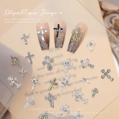 Antique Cross & Chrome Heart Charms for Nails Art Design - Vintage Christian Style Nails