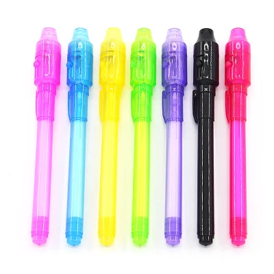 High Quality Blue LED Light Ballpoint Pen Promotional Neon Glitter Glowing UV Ink Fluorescent Highlighters for Office School