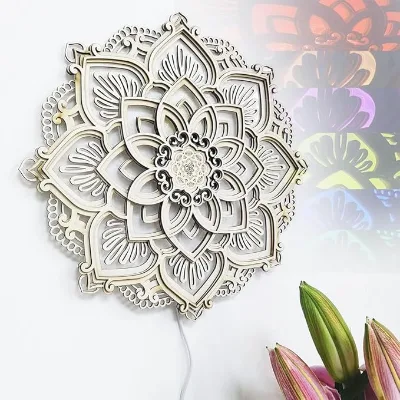 Mandala Wall Art with LED Light, Lotus Flower Wall Art Decor, Boho Wooden Flower Night Light, Meditation Wall Hanging