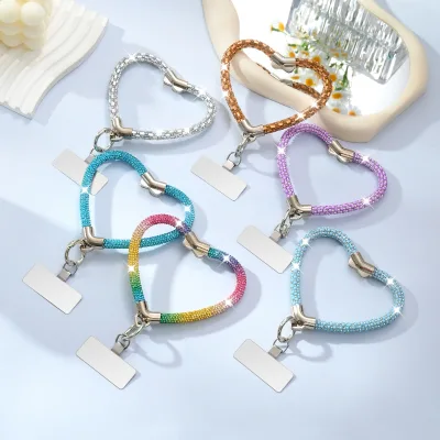 Rhinestone Heart Wrist Phone Lanyard, Short Sparkling Crystal Chain, Anti-Lost Keychain Bag Charm for Ladies