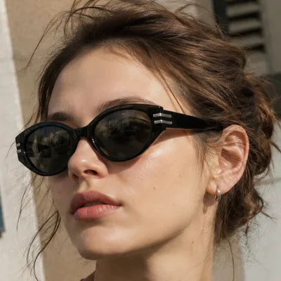 Trendy Narrow Oval Acetate Sunglasses 3D Metal Logo Y2K Style with Metal Decor & Custom Logo Options Sunglasses