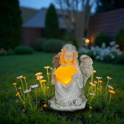 Waterproof Solar Resin Angel Figurine Light Outdoor Garden Decorative LED Lamp Art Deco Artistic Christmas Home Memorial Gift