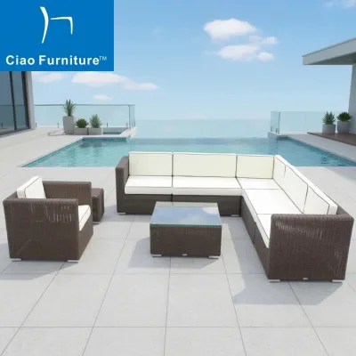 Foshan Durable Synthetic Wicker Rattan Outdoor Patio Furniture Sectional Sofa Conversation Set