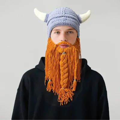 Factory Wholesale Knitted Beard Horn Hat Unisex Autumn Winter Halloween Christmas Party Hat