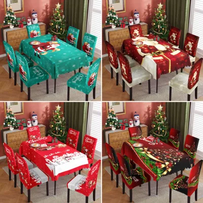 New Christmas Tablecloth & Stretch Chair Cover Set  Festive Home Decor Waterproof and Dustproof Dining Tablecloth
