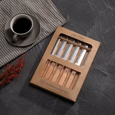 Custom Logo Beech Wood Handle Steak Knife Set Serrated Stainless Steel Professional Kitchen Knives Gift Box Wholesale
