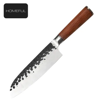 Forged Kitchen Knife Hammered Stainless Steel Cleaver Knife with Double Steel Head Santoku Knife