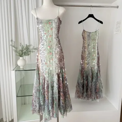 Spring Sequin Lace Mermaid Dress Slimming Waist Bandage Tail Gown Backless Spaghetti Strap Party Maxi Dress