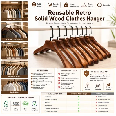 Luxury Solid Wood Coat Hanger for Clothing Store Wardrobe Eco-Friendly Multifunction Garment Organizer for Boutique Hotel