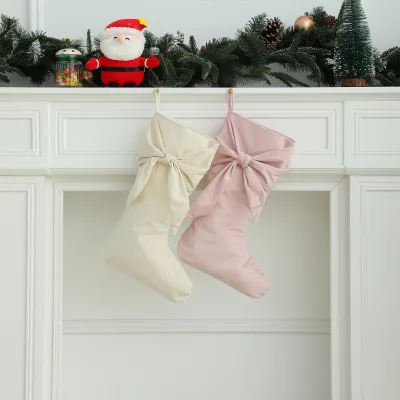 Christmas Santa & Reindeer Accents Elegant Ivory & Pink Personalizable Holiday Stocking Large Bow Velvet Christmas Stocking
