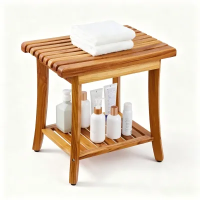 Teak Shower Bench, Waterproof Wood Shower Stool with Storage Shelf Non-Slip Foot Pads, for Bathroom Indoor and Outdoor Use