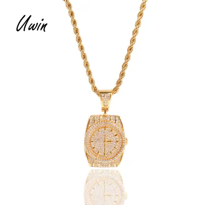 Designer Iced Out Watch Shaped Bling Bling CZ Gold Hip Hop Pendant UWIN Fashion Rapper Mens Jewelry