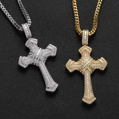Baguette Diamond Jewelry Cubic Zirconia Hip Hop Princess Cut Iced Out Man Woman Christian Jesus  Cross Pendant With Crystals