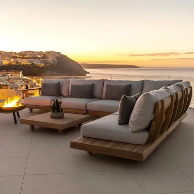 Modern Luxury Extra Deep Conversation Burma Modular Sectional Teak Patio Furniture Set for Courtyard & Hotel Use