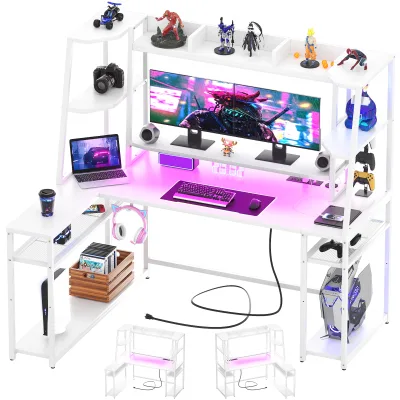 L Shaped Wooden Adjustable Height Gaming Desk Hutch Shelves LED Lights Power Strips Reversible PC Shape Storage Cup Holder