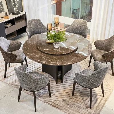 Wooden Dining Room Sets for 4 6 People Living Room Scene With Round Marble Table and Leather Chairs for Villas