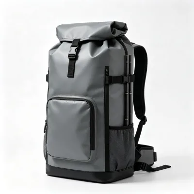 Roll Top Fishing Backpack Grey Waterproof Tackle Bag with Side Rod Holder Buckle Strap Mesh Pocket for Outdoor