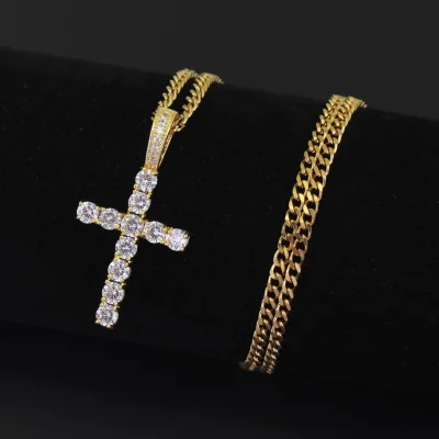 CN019 Sparkling Inlay CZ Cross Pendant Gold Plated Brass Link Chain Hip Hop Unisex Gift Jewelry Necklace