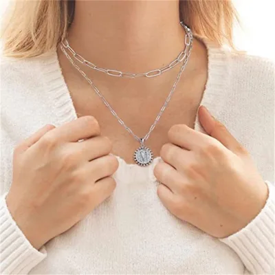 18K Double-Layered Fashion Letter Pendant Stainless Steel Paper Clip Round Letters Stylish Necklace