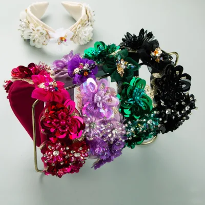 Vintage Baroque Hand-Sewn Crystal Flower Headband Stylish Women's Wide Mesh Hairband for Dinner Parties