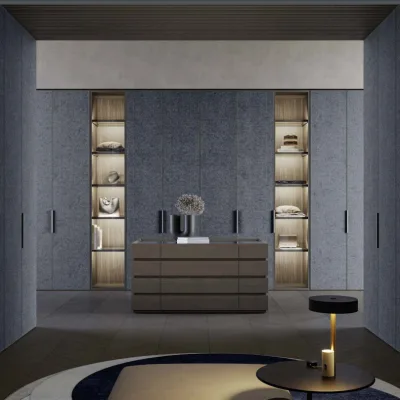 Modern Felt & Stone-Touch Wardrobe with LED Open Shelves Contemporary Bedroom Storage Cabinets with Oak Interior & Black Handles