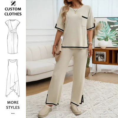 Trouser 2 Piece Sets Women Short Sleeve Knitted Wide-leg Pant 2 Piece Set Women Fall