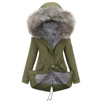 Custom Logo Plus Size Women's Winter Thicken Puffer Coat Warm Fleece Lined Parka Jacket With Fur Hood