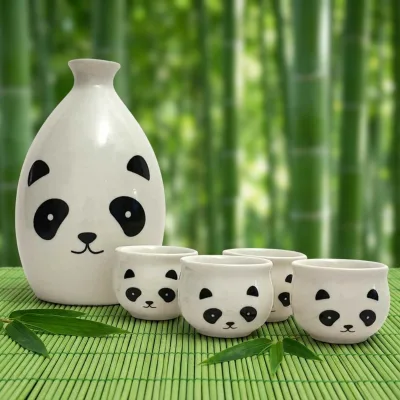 Panda Design Stoneware Sake Bottle Cup Set Cheap White Custom Ceramic Sake Glasses