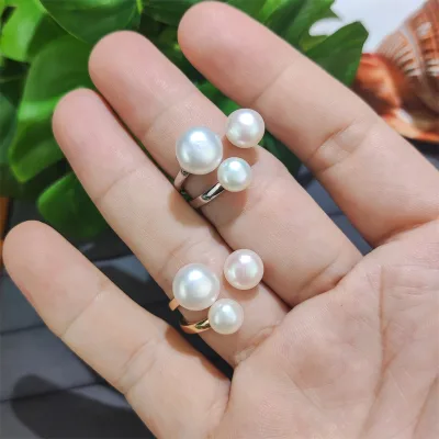 High Quality Women's Dainty Three Stone Ring Natural White Freshwater Bread Pearl Balance Design Adjustable CZ Main Alloy