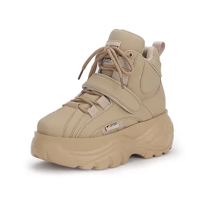 Platform Sneakers High Top Casual Shoes Microfiber Fabric PU Platform Sole Lace up Hook and Loop Design for Women All Season