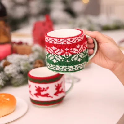 Y-Z Jacquard Knit Cup Holder Sleeve Cozy Crochet Mug Cover for Christmas for Coffee Mugs Warm Beverages Great for Giveaways