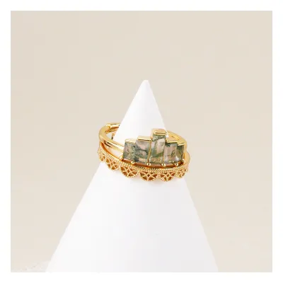 Light Luxury 925 Silver Natural Moss Agate Vintage Engagement Rings Double Layer Gold Plated Chunky Band Green Gemstone Crystal