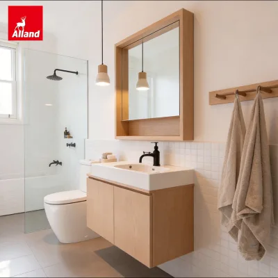 Alland Premium Custom Minimalist Whitewashed Natural Wax Finish Slab Door Cherry Vanity for Serene Master Bathroom