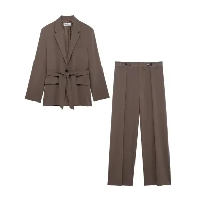 Taop&Za Women's Stylish Brown Business Suit Set Belted Blazer High Waist Wide Leg Trousers Elegant Office Fashion Winter Summer