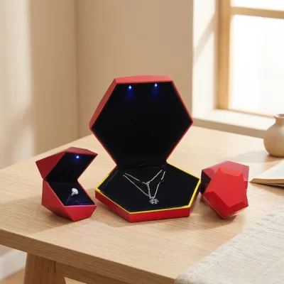Hot Sale Factory Wholesale Fashionable LED Light Hexagonal Phnom Penh Boxes Ring Pendant Jewelry Packaging Box for Women Men