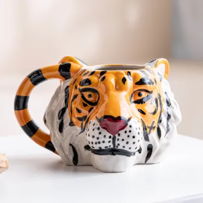 Wholesale 3D Hand Painted Tiger Head Ceramic Mug Creative Animal Shaped Coffee Mug Custom Logo