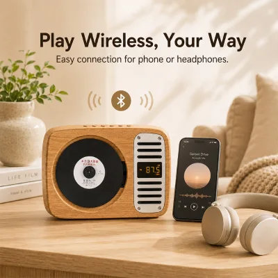 Wood Grain CD Player with Bluetooth and FM Radio for Cozy Home Audio