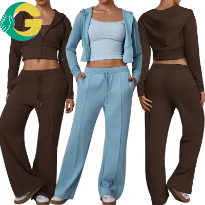 Women's 3-Piece Yoga Set: Crop Top, Zip-Up Hoodie & Wide-Leg Pants, Breathable Spandex/Nylon Activewear for Gym & Casual Wear