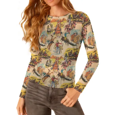 Customizable Western Leopard Print Black White Check Patterns Casual Wear Featuring Mesh Top