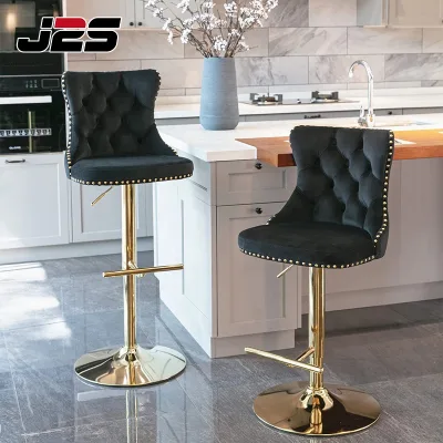 Luxury Velvet Backrest Bar Stool with Gold Metal Base Adjustable Modern Design Chair for Bar Counter