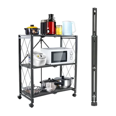 4 Tier Snack Storage Rack Kitchen Folding Shelf Rack for Home Storage Foldable Organizer Telescopic Metal Shelves With Wheels