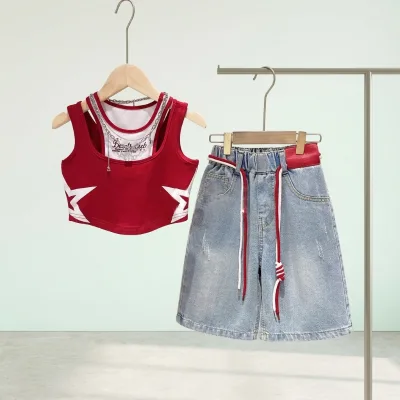 Wholesale Girls' Summer Suit New Stylish Mid-Big Children's Trendy Sleeveless Top Star Pattern No Collar Mark Denim Pants Set