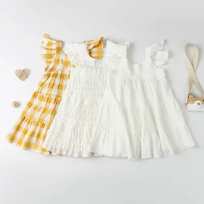 Custom Logo Print Summer Plaid Kids Frock Ruffle Petal Sleeve 100% Cotton Girls Dresses